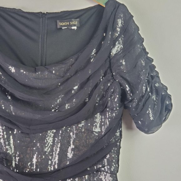 Tadashi Shoji Black Ruched Silk Layered Sequin Coc - Picture 4 of 14